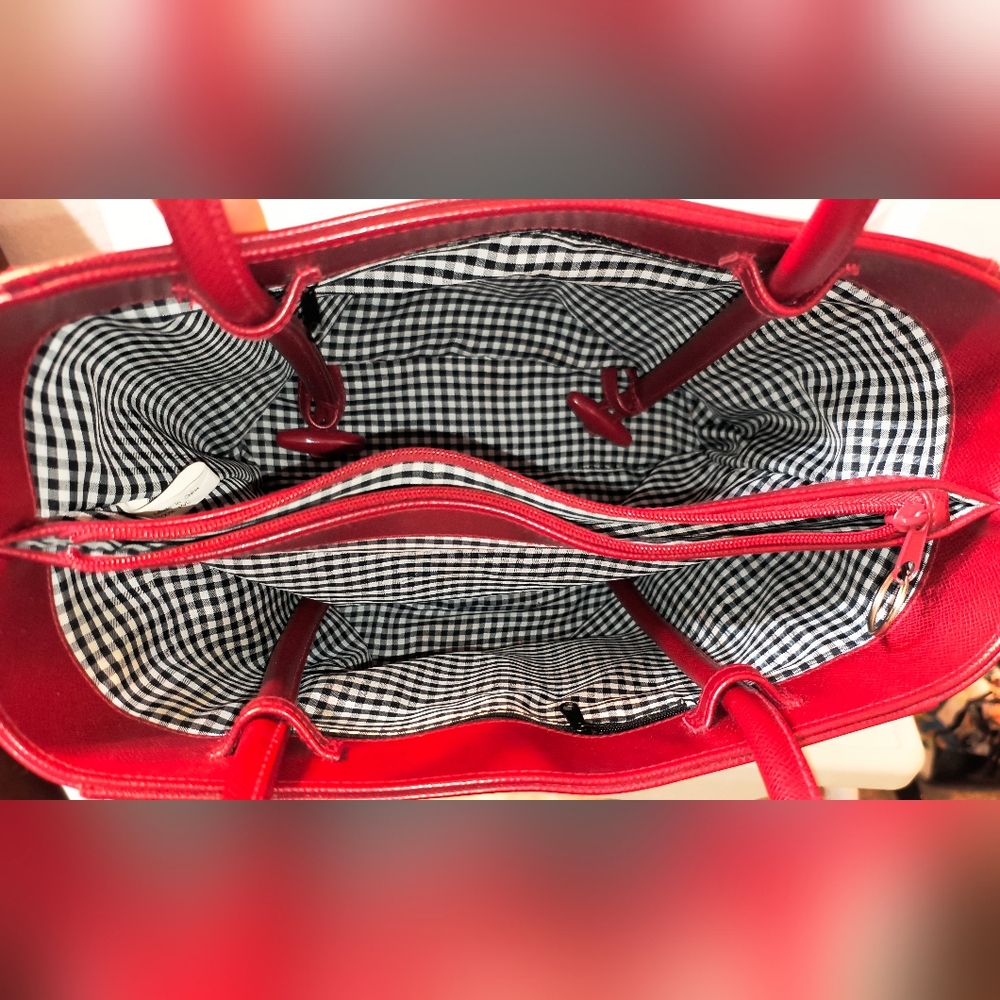 Red Vegan Leather Tote with Gingham Lining + Matching Makeup Bag - Picture 5 of 8